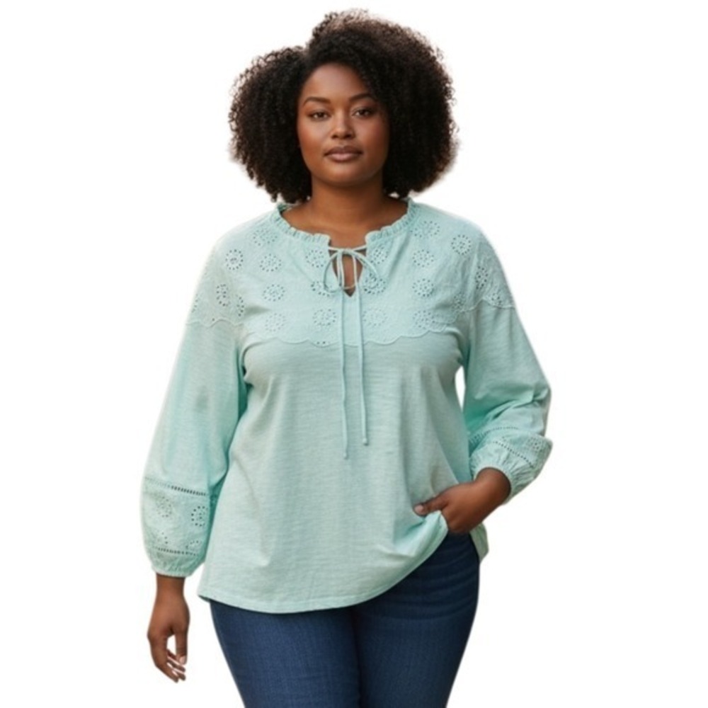 Style & Co Eyelet-Trim Tie-Neck Peasant Top, Color Minty Turquoise, Sz XL